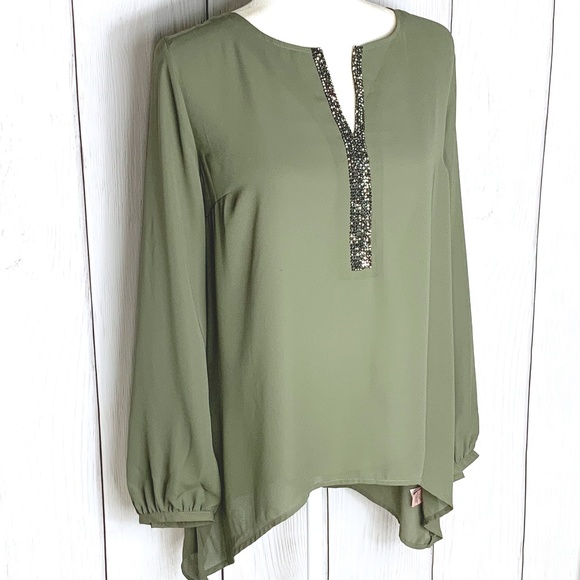 Juicy Couture Tops - Juicy Couture Olive Green Sheer High Low Blouse